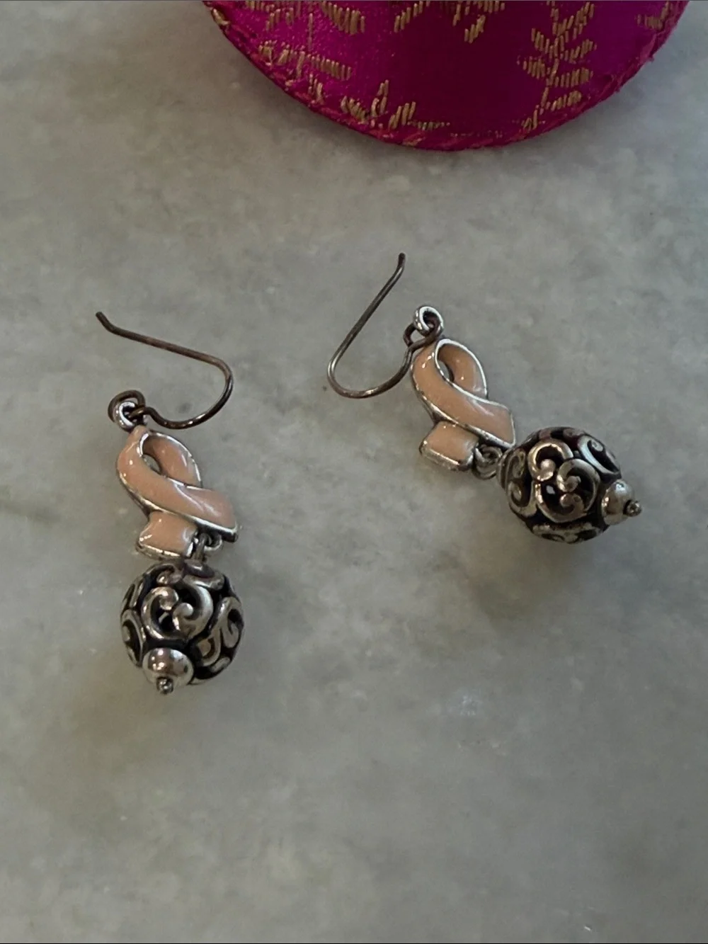 Brighton Pink Ribbon Dangle Earrings with Filigree Silver Beads